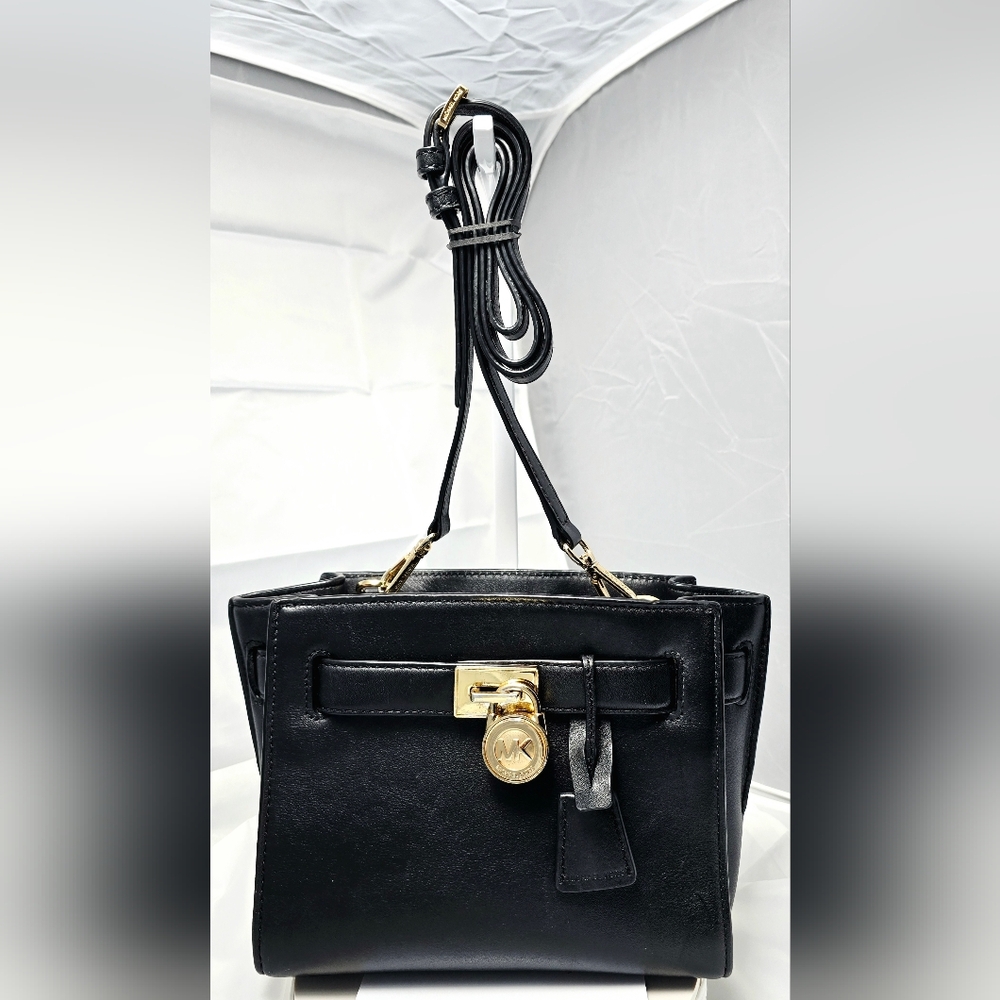 MICHAEL Michael Kors Hamilton Smooth Black Leather Crossbody Bag w/Gold Hardware
